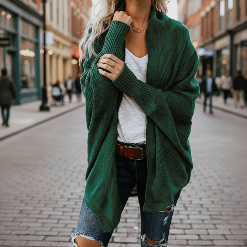 Cardigan de punto oversize para mujer con mangas murciélago, abierto, boho casual – Multicolor