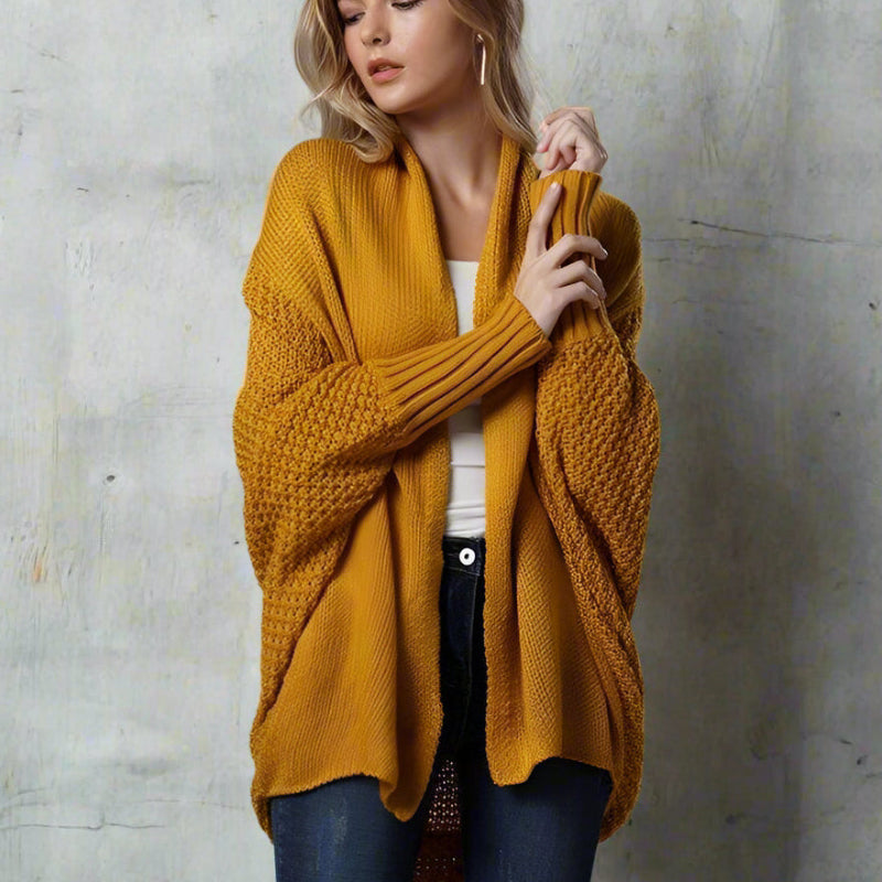 Cardigan de punto oversize para mujer con mangas murciélago, abierto, boho casual – Multicolor