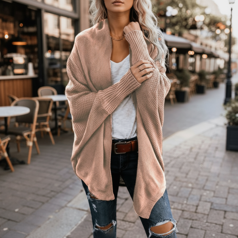Cardigan de punto oversize para mujer con mangas murciélago, abierto, boho casual – Multicolor
