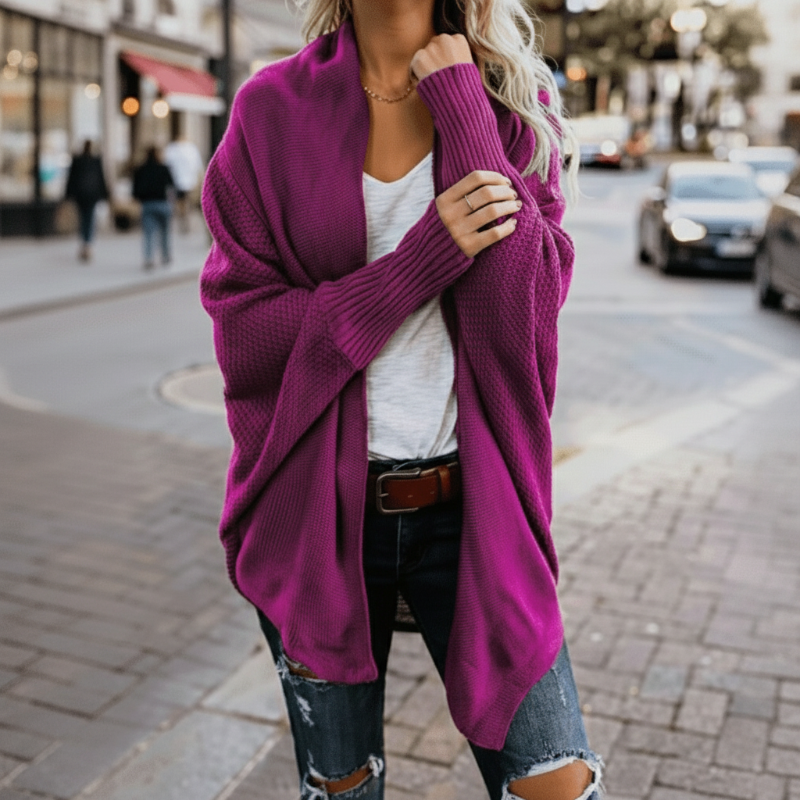 Cardigan de punto oversize para mujer con mangas murciélago, abierto, boho casual – Multicolor