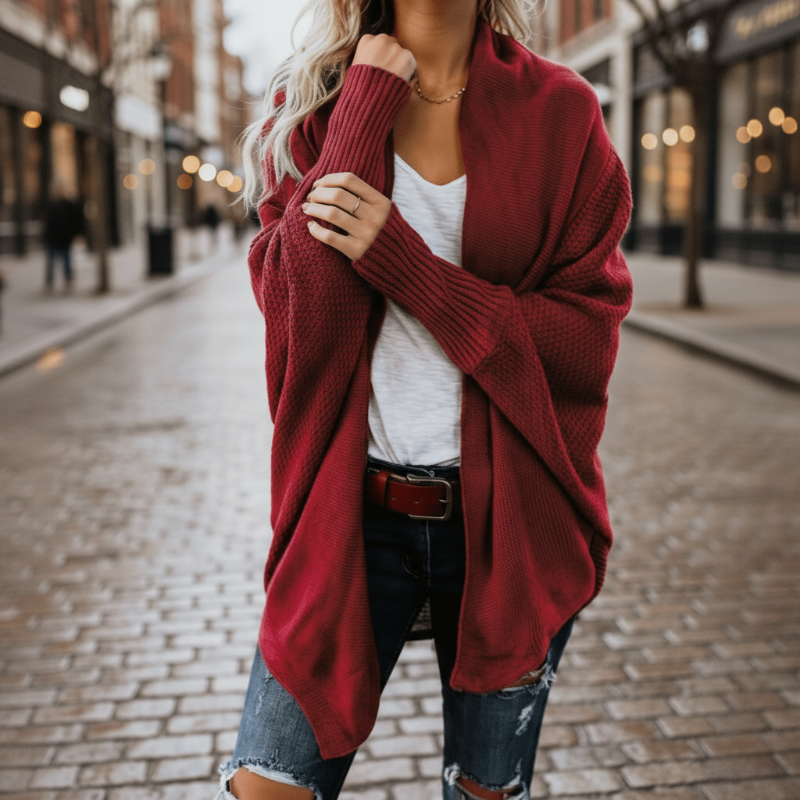 Cardigan de punto oversize para mujer con mangas murciélago, abierto, boho casual – Multicolor