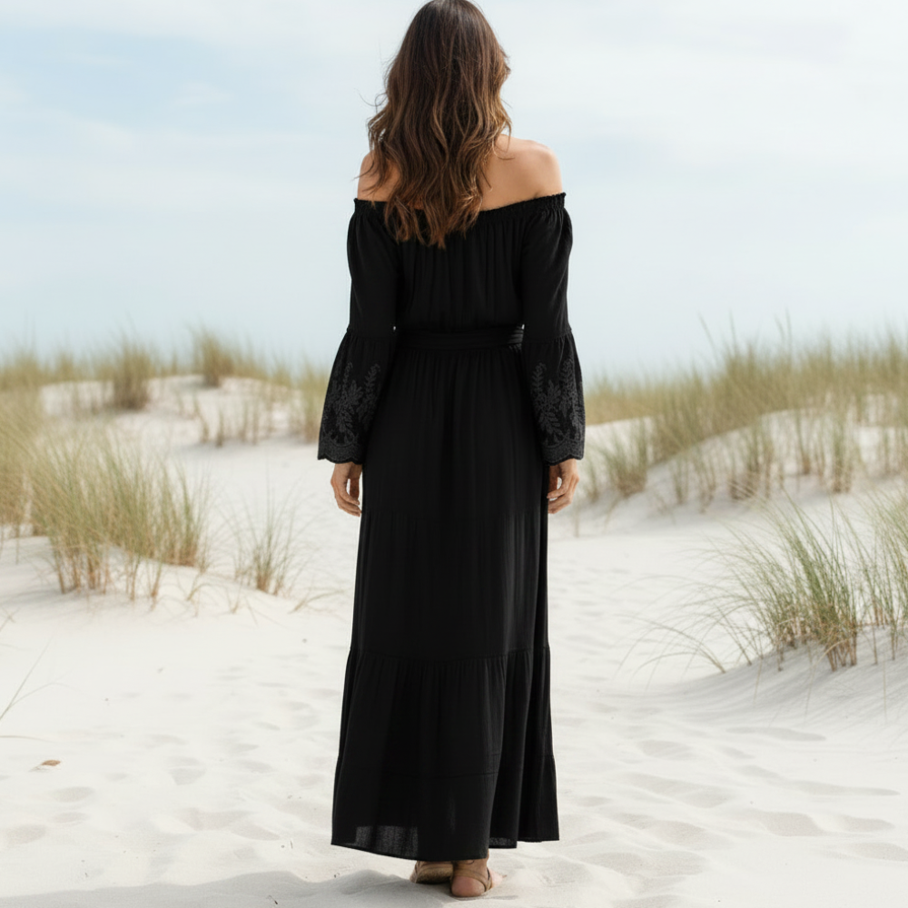 Robe longue bohème en dentelle, décolletée, à manches longues, évasée, pour plage d'été – Blanc Noir