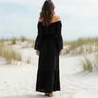 Robe longue bohème en dentelle, décolletée, à manches longues, évasée, pour plage d'été – Blanc Noir