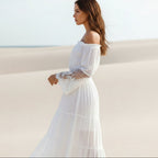 Robe longue bohème en dentelle, décolletée, à manches longues, évasée, pour plage d'été – Blanc Noir