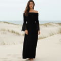 Robe longue bohème en dentelle, décolletée, à manches longues, évasée, pour plage d'été – Blanc Noir