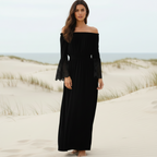 Robe longue bohème en dentelle, décolletée, à manches longues, évasée, pour plage d'été – Blanc Noir