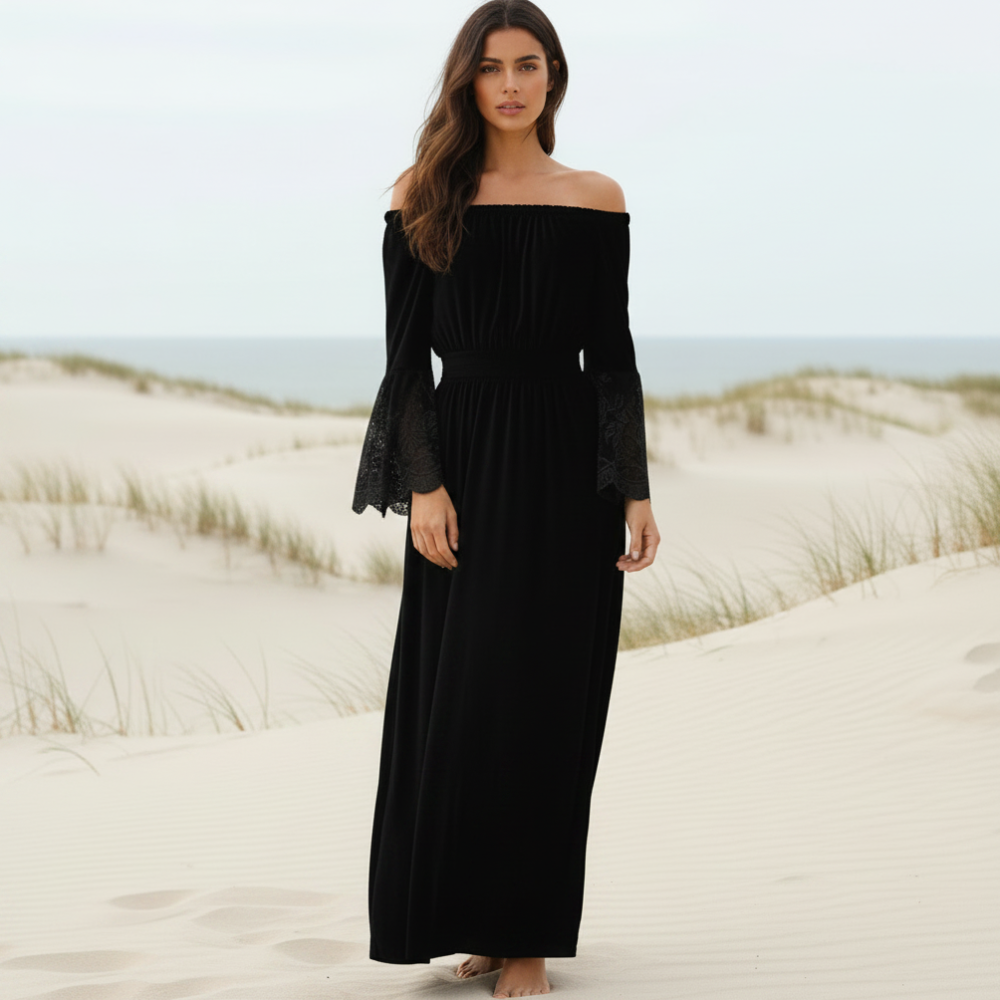 Robe longue bohème en dentelle, décolletée, à manches longues, évasée, pour plage d'été – Blanc Noir