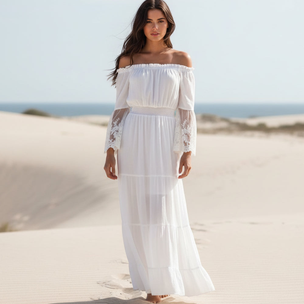 Robe longue bohème en dentelle, décolletée, à manches longues, évasée, pour plage d'été – Blanc Noir