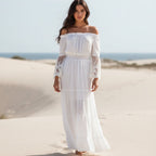 Robe longue bohème en dentelle, décolletée, à manches longues, évasée, pour plage d'été – Blanc Noir
