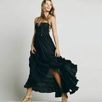 Langes Neckholder-Kleid mit offenem Rücken, Boho-Hippie-Stil aus Baumwoll-Rayon mit Volants für Damen – Mehrfarbig