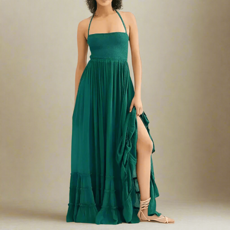Robe Longue Dos Nu Halter Boho Hippie En Coton Rayonne à Volants Pour Femmes – Multicolore