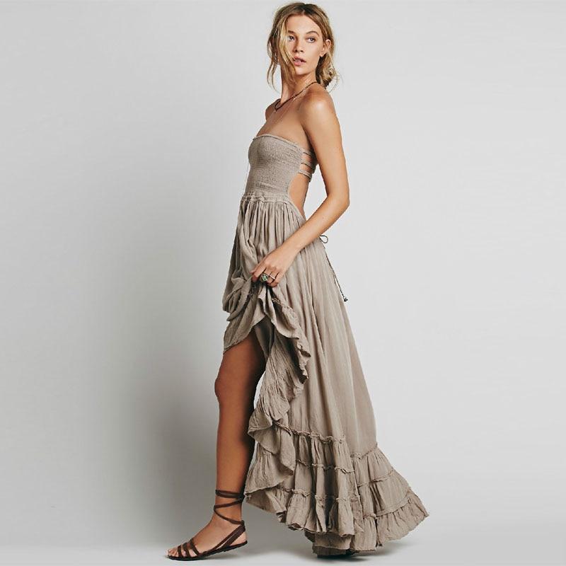Langes Neckholder-Kleid mit offenem Rücken, Boho-Hippie-Stil aus Baumwoll-Rayon mit Volants für Damen – Mehrfarbig