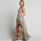 Langes Neckholder-Kleid mit offenem Rücken, Boho-Hippie-Stil aus Baumwoll-Rayon mit Volants für Damen – Mehrfarbig