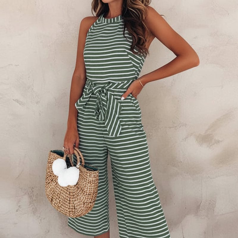 Mono sin mangas a rayas boho para mujer, cintura con lazo, piernas anchas, conjunto casual de verano – Multicolor