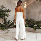 Tuta Donna Senza Maniche Schiena Scoperta Boho Ampia Fluida Vita Elastica Fiocco Decorativo Casual Semi-Formale Spiaggia Vacanze Estate – Bianco Avorio