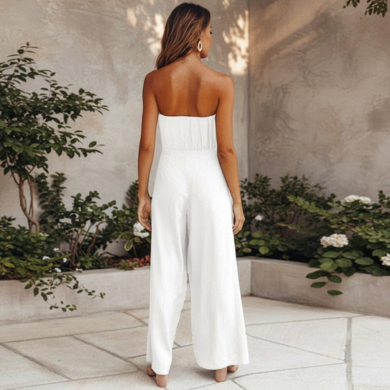 Tuta Donna Senza Maniche Schiena Scoperta Boho Ampia Fluida Vita Elastica Fiocco Decorativo Casual Semi-Formale Spiaggia Vacanze Estate – Bianco Avorio