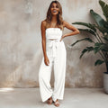 Tuta Donna Senza Maniche Schiena Scoperta Boho Ampia Fluida Vita Elastica Fiocco Decorativo Casual Semi-Formale Spiaggia Vacanze Estate – Bianco Avorio