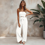 Tuta Donna Senza Maniche Schiena Scoperta Boho Ampia Fluida Vita Elastica Fiocco Decorativo Casual Semi-Formale Spiaggia Vacanze Estate – Bianco Avorio