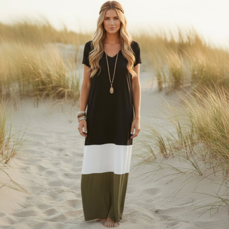 Robe longue boho décontractée à blocs de couleur pour femmes – Grise Blanche Olive Rouge Jaune Verte