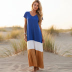 Robe longue boho décontractée à blocs de couleur pour femmes – Grise Blanche Olive Rouge Jaune Verte