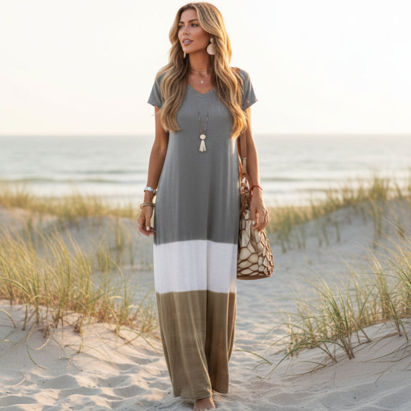 Robe longue boho décontractée à blocs de couleur pour femmes – Grise Blanche Olive Rouge Jaune Verte
