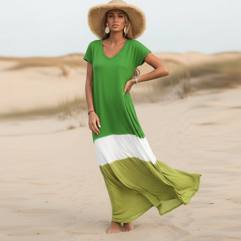 Robe longue boho décontractée à blocs de couleur pour femmes – Grise Blanche Olive Rouge Jaune Verte