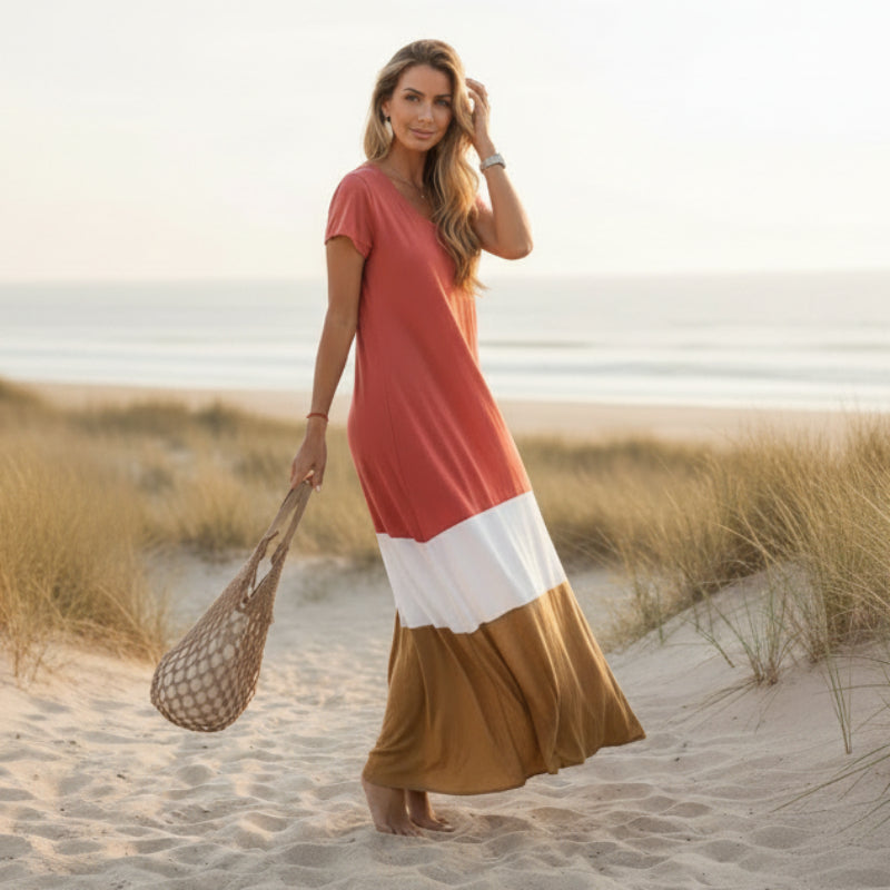 Robe longue boho décontractée à blocs de couleur pour femmes – Grise Blanche Olive Rouge Jaune Verte