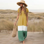 Robe longue boho décontractée à blocs de couleur pour femmes – Grise Blanche Olive Rouge Jaune Verte