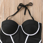 Maillot de Bain Une Pièce Boho Noir Et Blanc Pour Femme, Push-up, Sans Bretelles, Style Halter, Polyvalent, Sculptant, Plage, Été – Noir Blanc