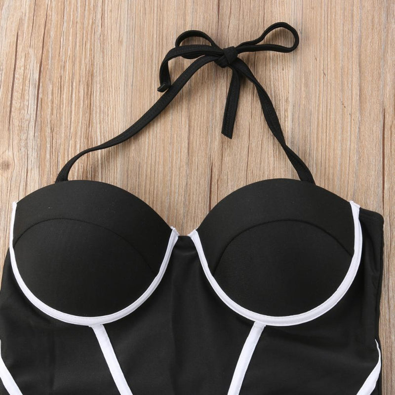 Maillot de Bain Une Pièce Boho Noir Et Blanc Pour Femme, Push-up, Sans Bretelles, Style Halter, Polyvalent, Sculptant, Plage, Été – Noir Blanc