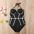 Maillot de Bain Une Pièce Boho Noir Et Blanc Pour Femme, Push-up, Sans Bretelles, Style Halter, Polyvalent, Sculptant, Plage, Été – Noir Blanc