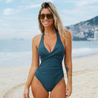 Maillot De Bain Une Pièce Femme à Col Halter Avec Nœud Torsadé, Décolleté En V Profond, Taille Haute Froncée, Sculptant, Plage, Été