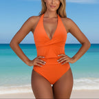 Maillot De Bain Une Pièce Femme à Col Halter Avec Nœud Torsadé, Décolleté En V Profond, Taille Haute Froncée, Sculptant, Plage, Été