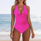 Maillot De Bain Une Pièce Femme à Col Halter Avec Nœud Torsadé, Décolleté En V Profond, Taille Haute Froncée, Sculptant, Plage, Été