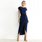 Boho-Midikleid mit Schlitz für Damen, quadratischer Ausschnitt, kurze Ärmel, Lagenlook, Schlitz, lässiges Sommerkleid für Abende – Mehrfarbig