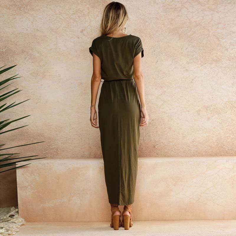 Robe Midi Bohème Fendue Pour Femme, Décolleté Carré, Manches Courtes, Superposée, Fente, Robe Décontractée D'été Pour Les Soirées – Multicolore