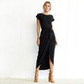 Boho-Midikleid mit Schlitz für Damen, quadratischer Ausschnitt, kurze Ärmel, Lagenlook, Schlitz, lässiges Sommerkleid für Abende – Mehrfarbig