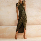 Boho-Midikleid mit Schlitz für Damen, quadratischer Ausschnitt, kurze Ärmel, Lagenlook, Schlitz, lässiges Sommerkleid für Abende – Mehrfarbig
