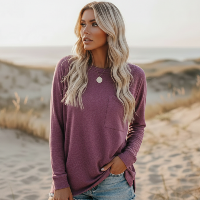 Camisa casual de manga larga para mujer, estilo boho con bolsillo, corte relajado, suave, top de estilo urbano – Multicolor