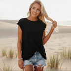 Lässiges Damen-T-Shirt mit kurzen Ärmeln, Rundhalsausschnitt, Tasche, Boho-Stil, Sommer, lockere Passform – Pin