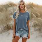 Lässiges Damen-T-Shirt mit kurzen Ärmeln, Rundhalsausschnitt, Tasche, Boho-Stil, Sommer, lockere Passform – Pin