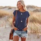 Lässiges Damen-T-Shirt mit kurzen Ärmeln, Rundhalsausschnitt, Tasche, Boho-Stil, Sommer, lockere Passform – Pin
