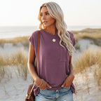 Lässiges Damen-T-Shirt mit kurzen Ärmeln, Rundhalsausschnitt, Tasche, Boho-Stil, Sommer, lockere Passform – Pin