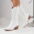 Bottes Cowboy Femme Mi-Mollet à Enfiler Bout Pointu Talon Bloc Western Brodées - Hiverline