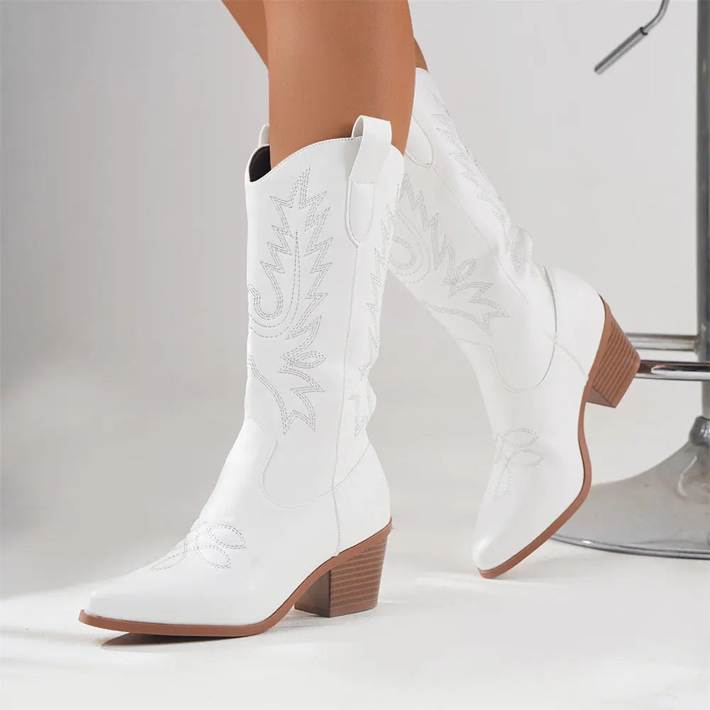 Bottes Cowboy Femme Mi-Mollet à Enfiler Bout Pointu Talon Bloc Western Brodées - Hiverline