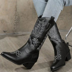Bottes Cowboy Femme Mi-Mollet à Enfiler Bout Pointu Talon Bloc Western Brodées - Hiverline