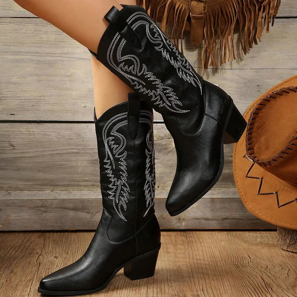 Bottes Cowboy Femme Mi-Mollet à Enfiler Bout Pointu Talon Bloc Western Brodées - Hiverline