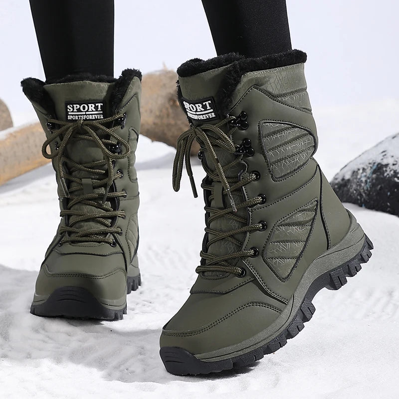 Bottes de Neige Femme Imperméables Lacets Fourrure Intérieure Mi-Mollet Hiver Randonnée - Hiverline