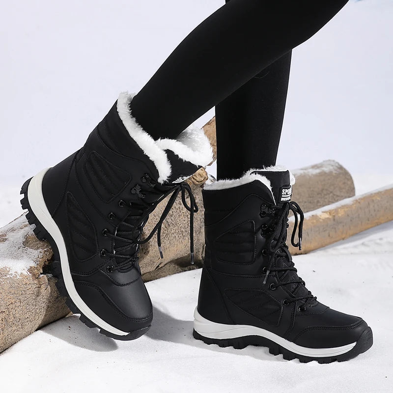 Bottes de Neige Femme Imperméables Lacets Fourrure Intérieure Mi-Mollet Hiver Randonnée - Hiverline