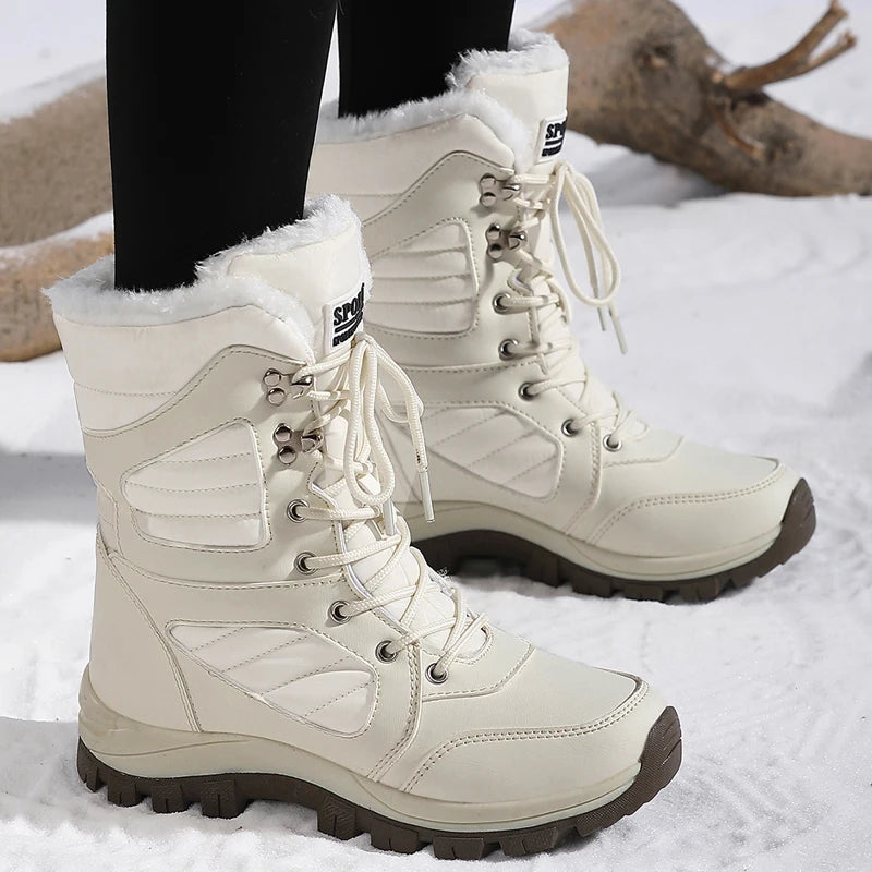 Bottes de Neige Femme Imperméables Lacets Fourrure Intérieure Mi-Mollet Hiver Randonnée - Hiverline